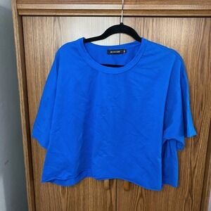 HUGOOME Crop Top Tee Women XL Blue Boxy Raw Hem Short Sleeve T-Shirt